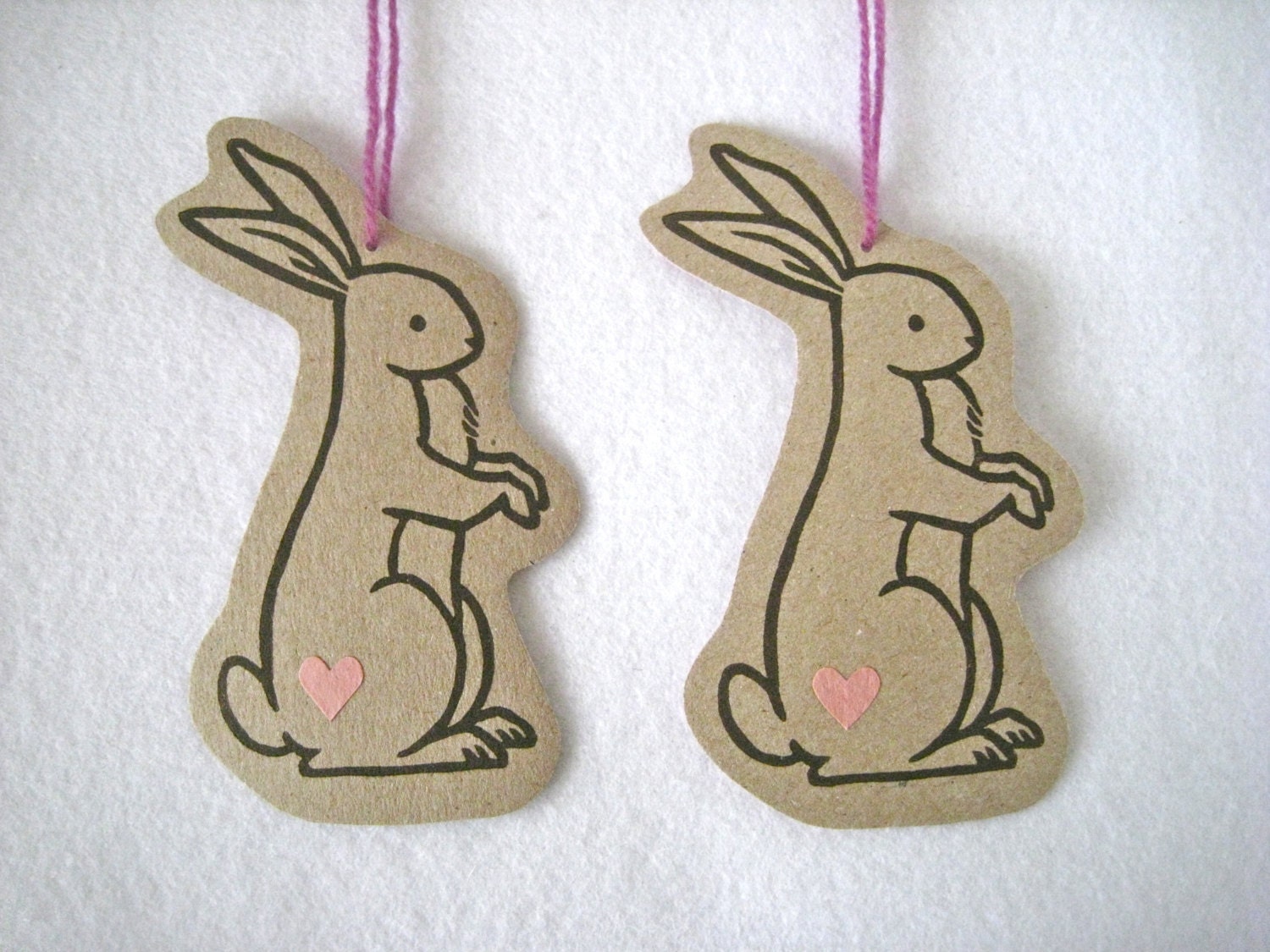 Set of 2 Hand Printed Ornaments / Decorations/ Wall hangings ( Pink ) - original linocut rabbit design