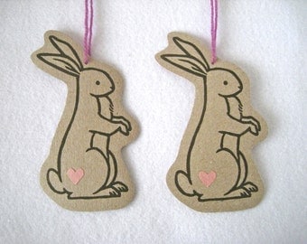 Set of 2 Hand Printed Ornaments / Decorations/ Wall hangings ( Pink ) - original linocut rabbit design