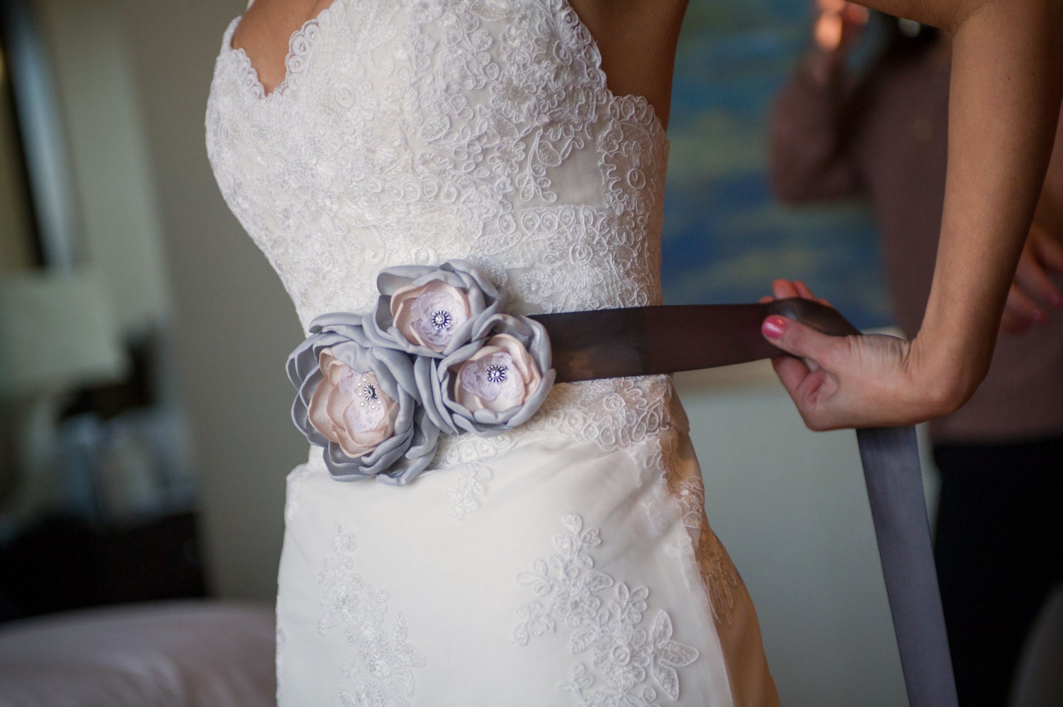 Bridal Gown Dress Sash. Bridal Accessory. Silver Gray Fabric Flower Bridal Sash Belt. Silver Champagne Flower Wedding Dress Sash Belt.