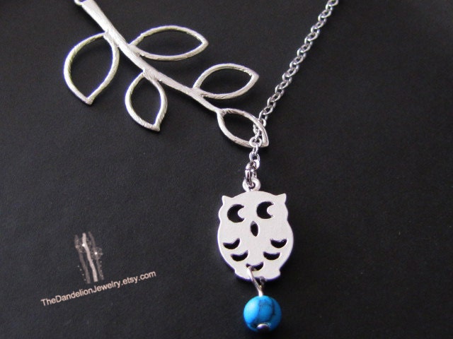 SALE 10% - Branch and owl lariat with howlite turquoise in white gold, Owl necklace, branch necklace, owl pendant