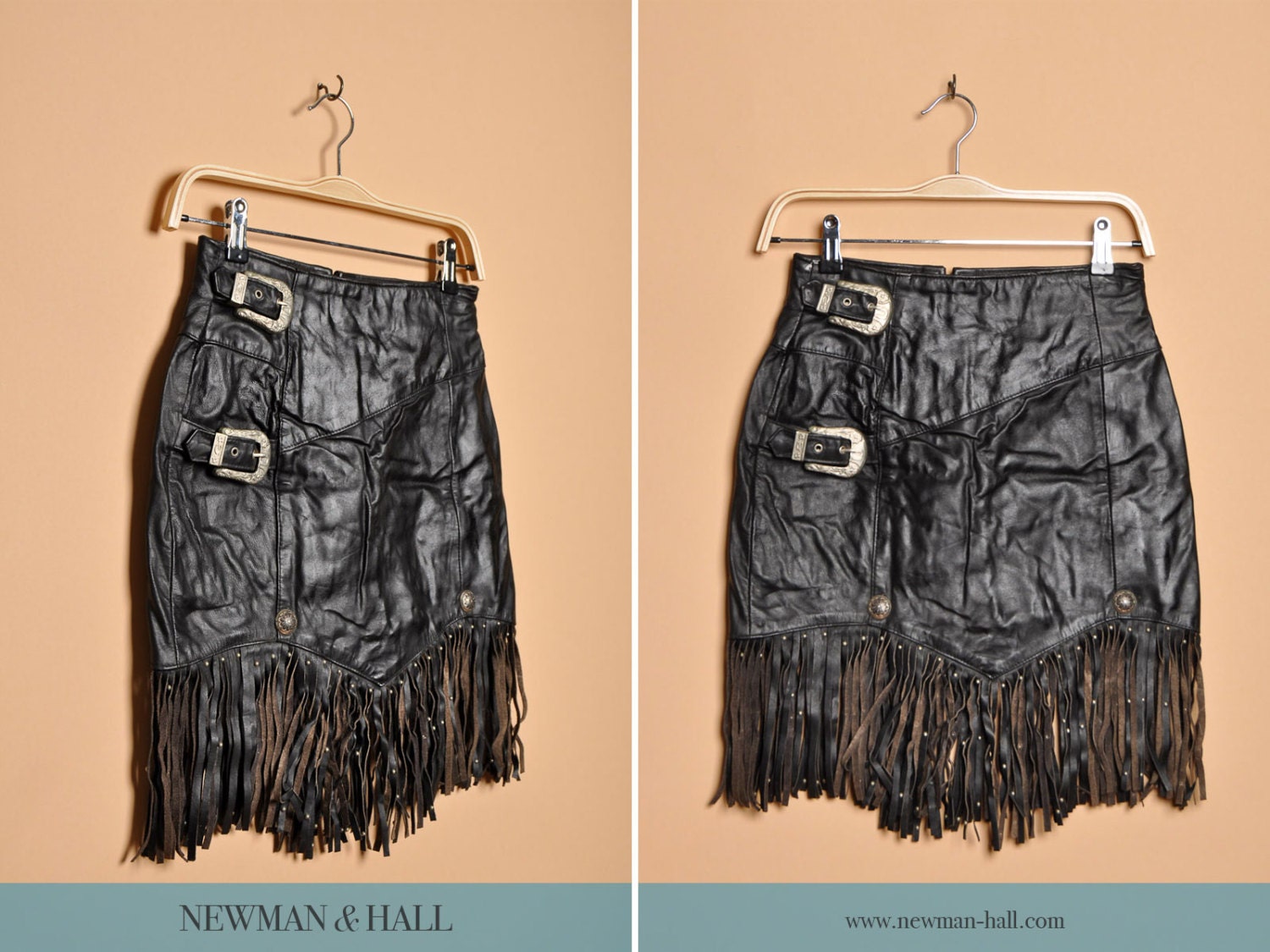 Vintage 1990s Black Leather Skirt with Studded Fringe