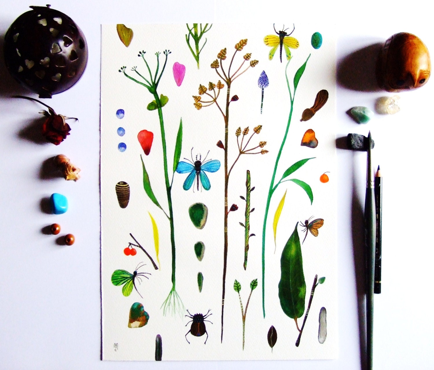 Plant Still Life Insect Watercolor Painting Gouache Drawing Contemporary Art Decor Wall Art Botanical Butterfly Green Flowers Fruits Art