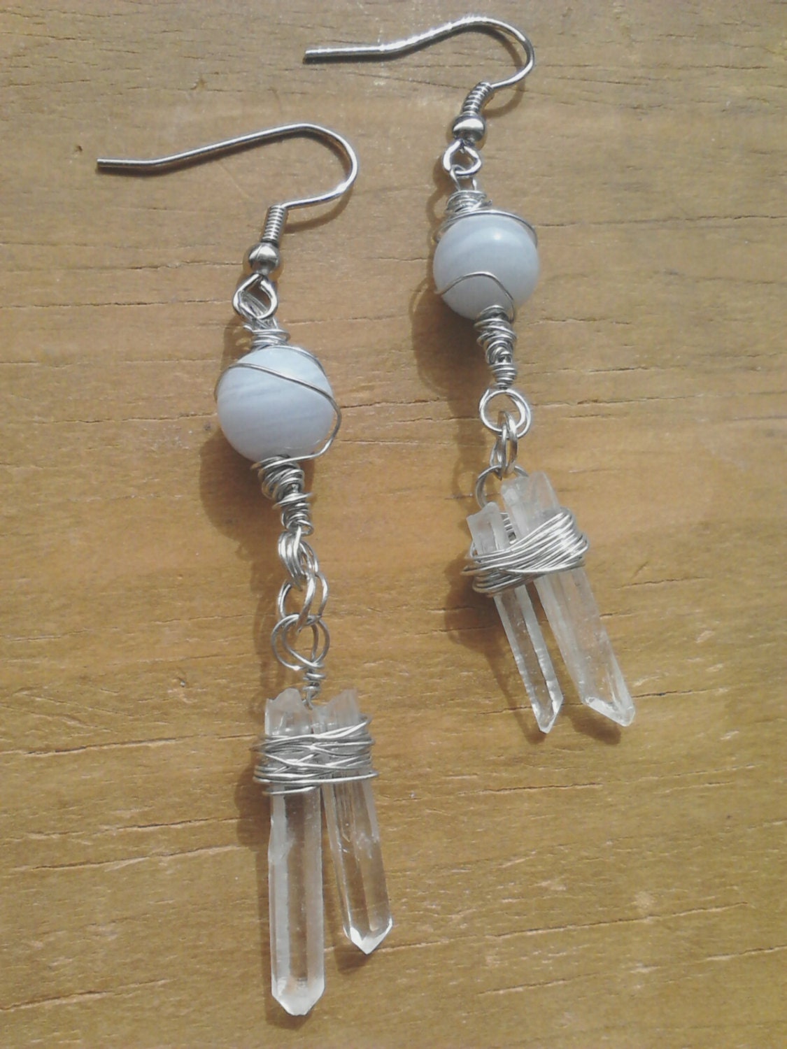 Wire-wrapped Earrings // Lace Agate // Quartz