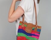 SPRING SALE Neon Colored Woven Shoulder Bag with Leather Straps