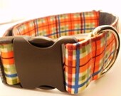 1.5 inch Orange, Blue, Green plaid dog collar