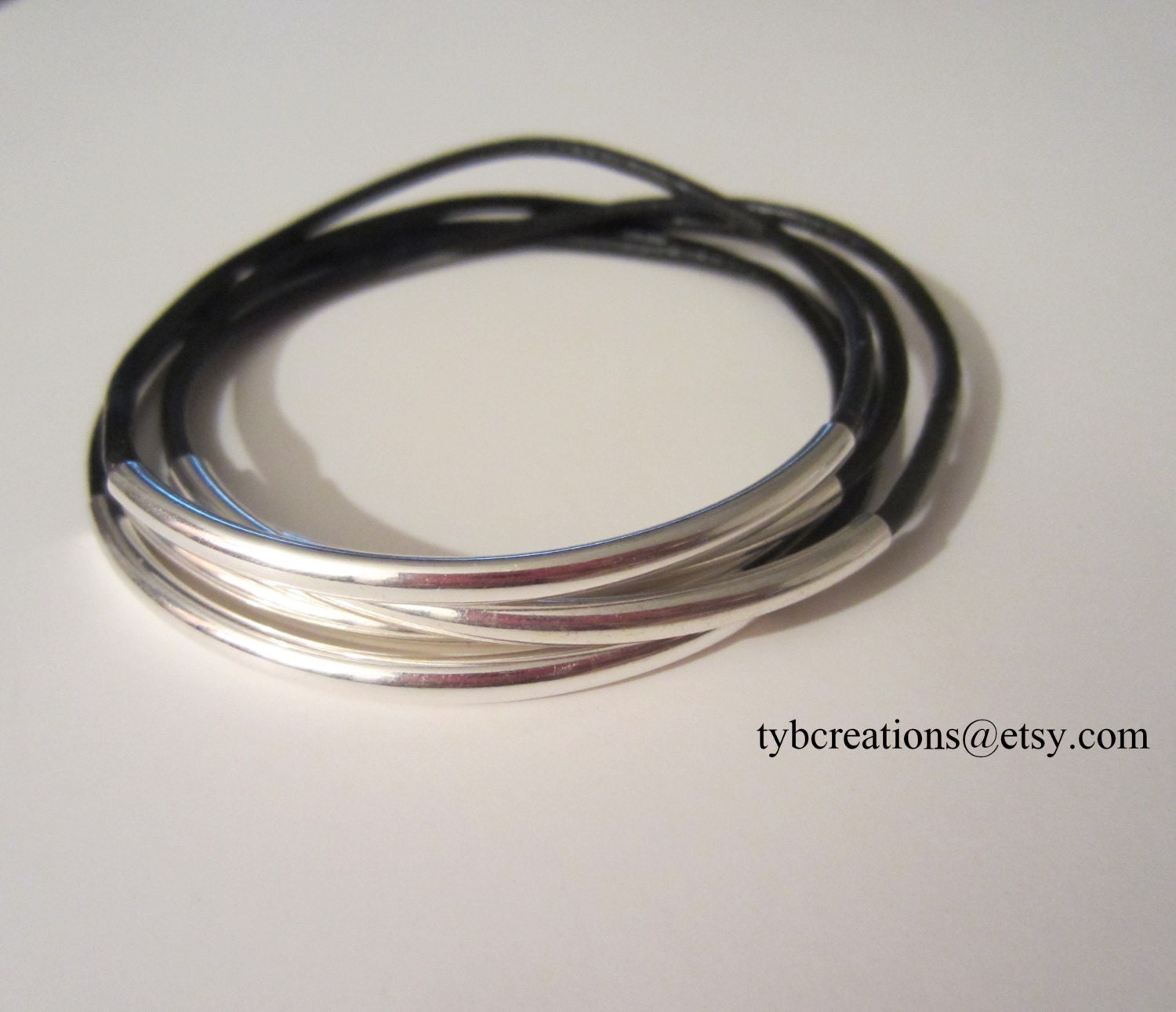 Black Leather Bangle Bracelet Set