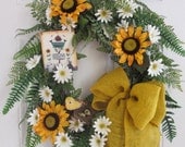 Spring Wreath, Front Door Wreath,Summer Wreath, Sunflower Wreath,Country Wreath, Inspirational Wreath, Burlap Bow, Bird, Nest