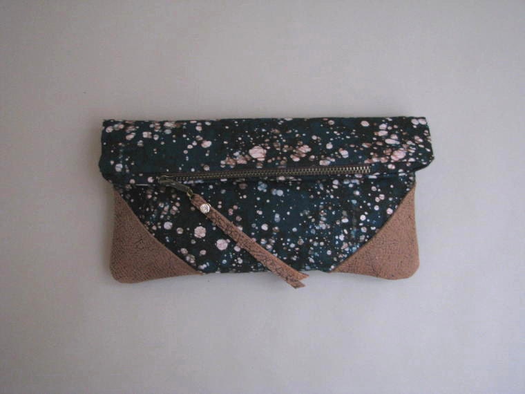 LAST ONE: fold-over clutch, batik and leather
