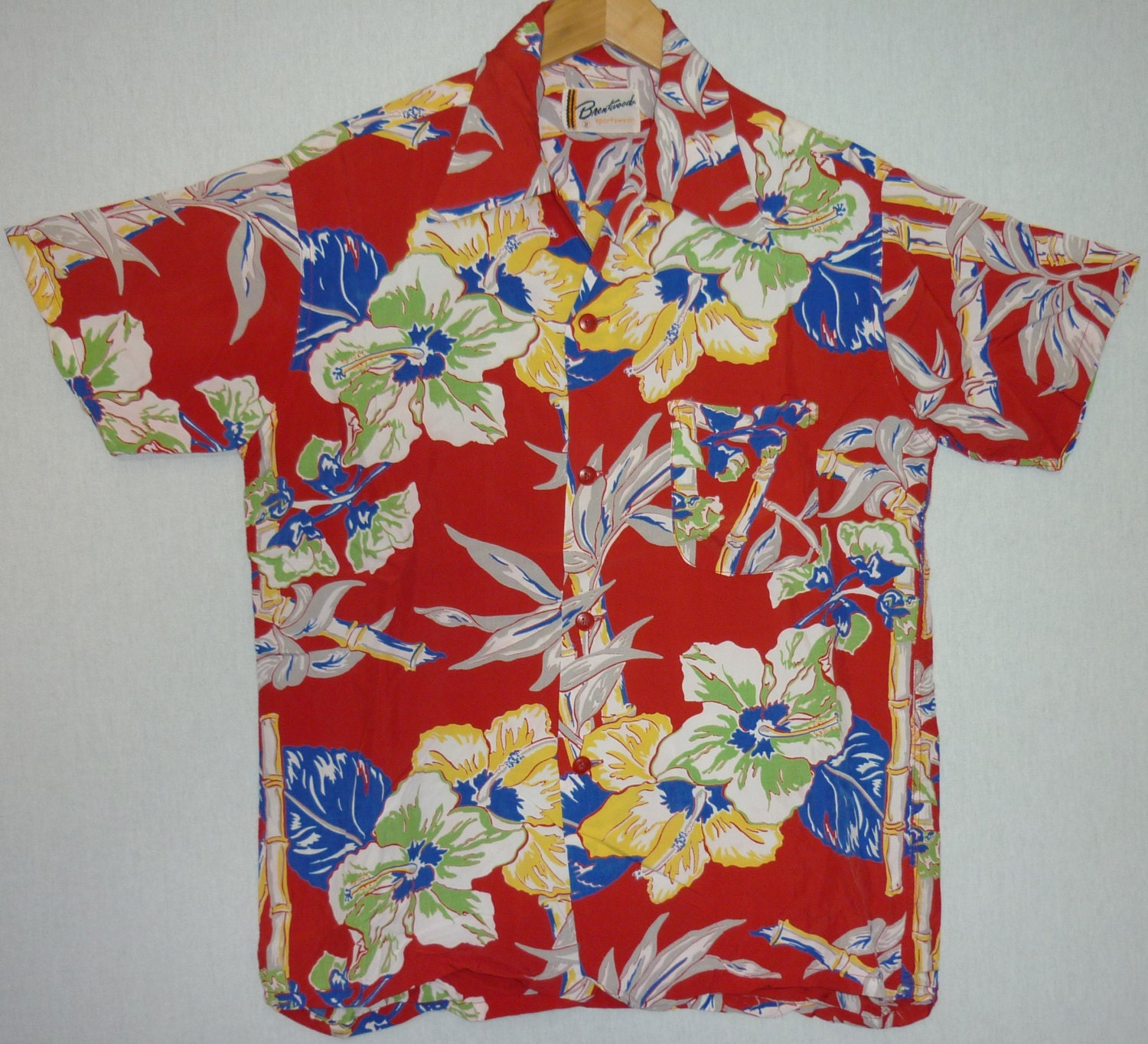 40s Hawaiian Shirt / M / BRENTWOOD / Silky Rayon / Bamboo & Floral Print / Rockabilly