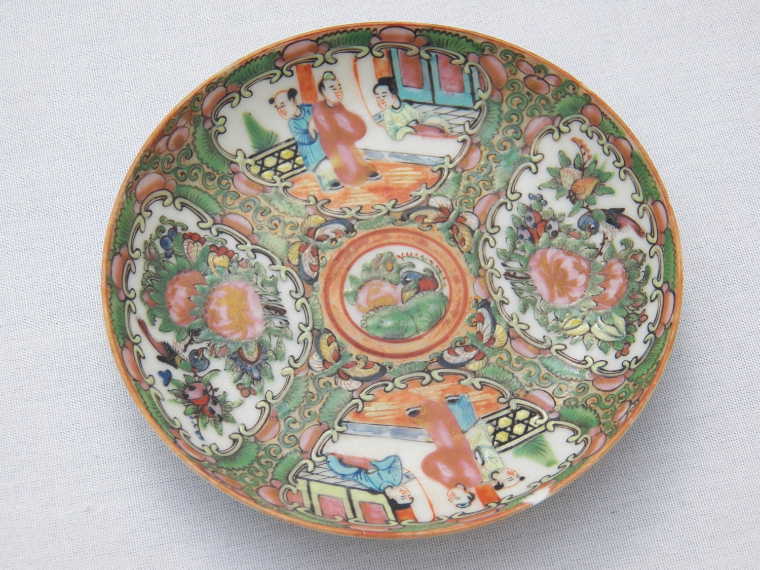 Antique Chinese Canton Famille Rose Small Plate Dish 5 1/4 inches - Saucer or Side Plate - 19th Century - Hand Painted Enamel Porcelain