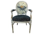 Silver and Blue Upholstered French Louis XVI Arm Chair Floral Linen and Blue Chenille Fabric Sitting Designer Handmade