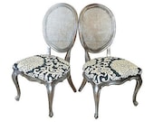 Pair of French Cane Back Dining Chairs Painted Silver Distressed Upholstered in Navy White Thomas Paul Floral Linen Cotton Fabric Sitting