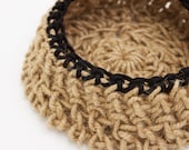 Chunky crocheted basket vessel in soft Scottish thick natural jute with coloured detail trim - extra large