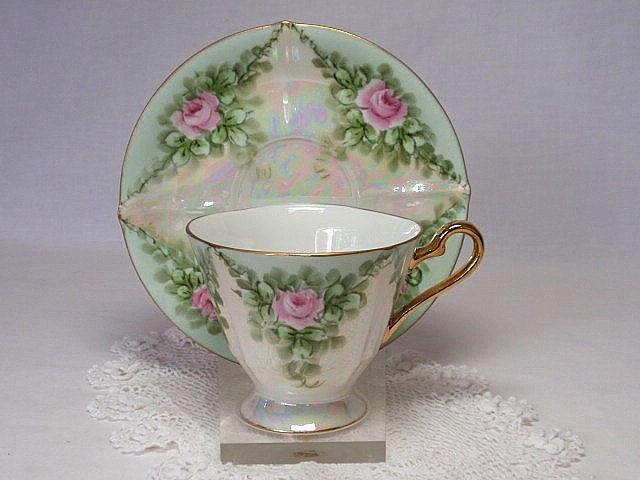 Teacup Saucer Green Lusterware Pink Roses Handpainted, vintage teacup