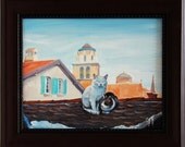 Animals Art Cats on Roof Beautiful Miniature Oil Painting on Canvas Framed Wall Decor