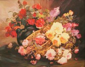 Still Life of Flowers in Basket and Vase Oil Painting Floral Art Wall Decor