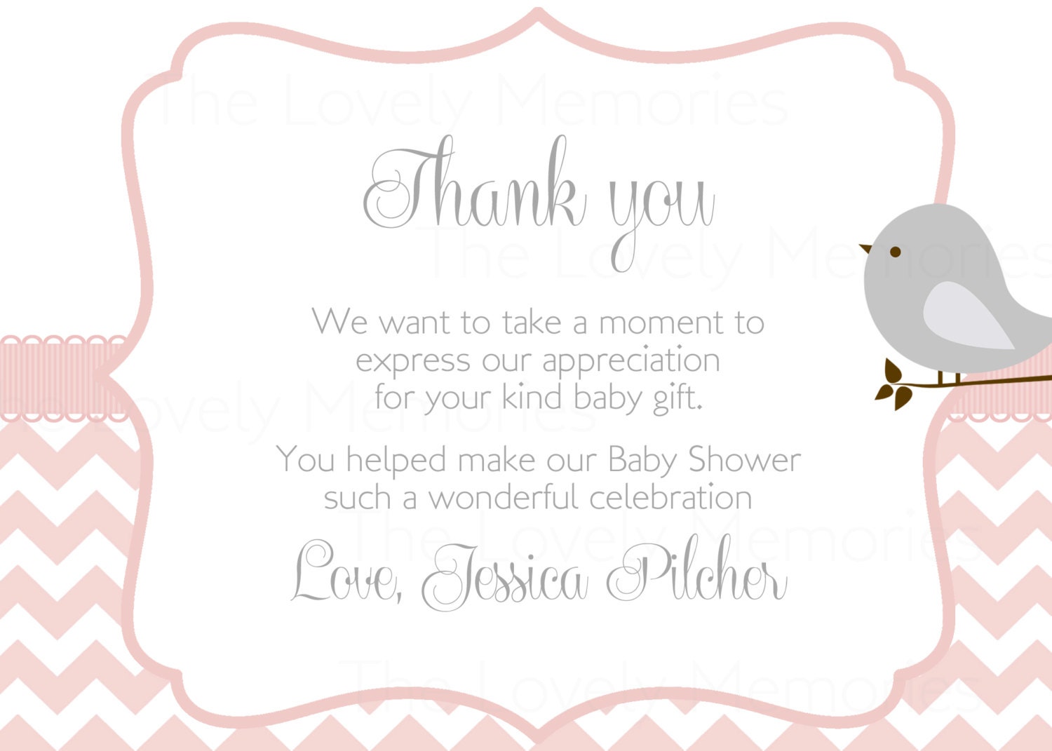 Thank you Card-Sweet Birdie Baby Shower Pink chevron Lines Printable Card Il_170x135