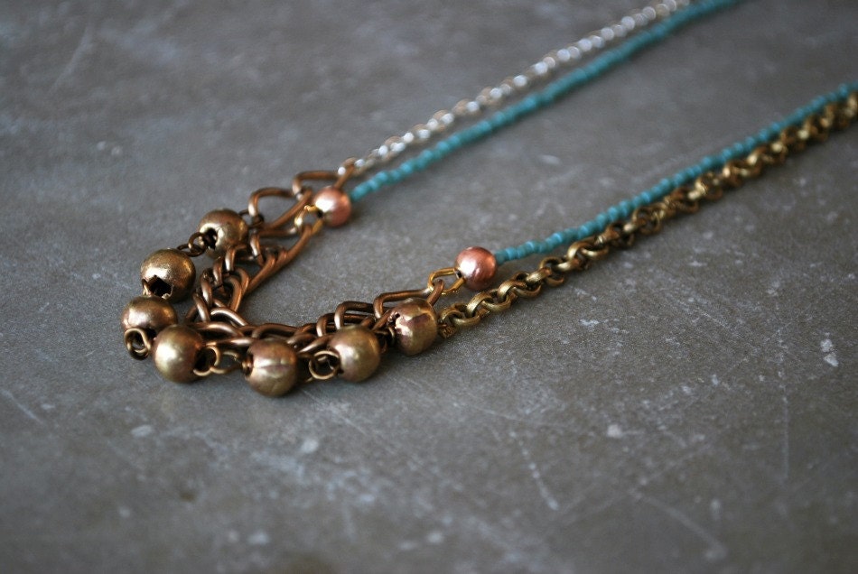 Double Strand Necklace. Sea Foam Green, Silver, Brass, Copper, Antique Gold, Mixed Metals