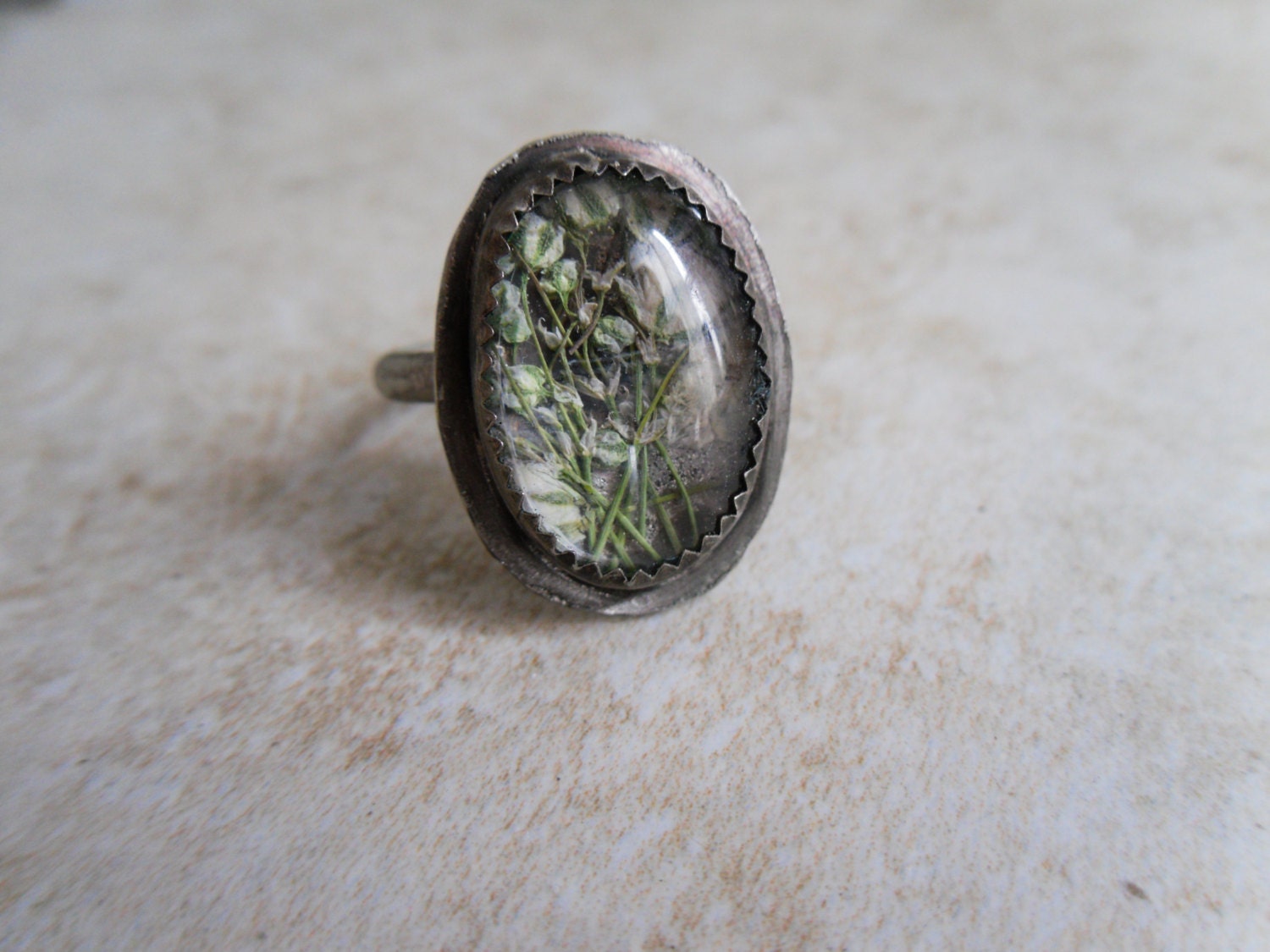 Baby's Breath Ring under Glass by Heron and Lamb