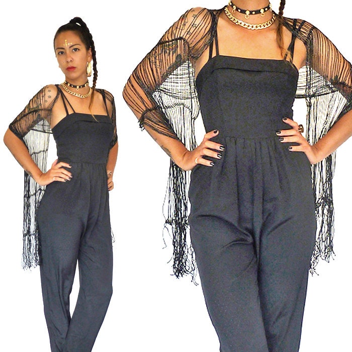 80s Black Dots Onesie - 80s Jumpsuit - 1980s High Waist Pant Suit - Black Evening Dress - Small