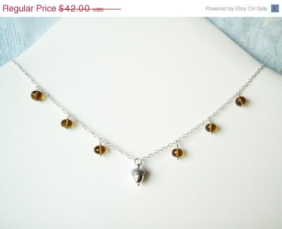 ON SALE Little acorn necklace with beer quartz, sterling silver jewelry OOAK