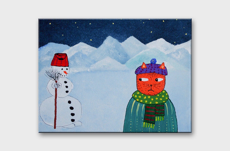 Orange cat and snowman painting on canvas Winter mountains Tiny funny cheerful kitty art for nursery decor 8x6/ Gift under 20 for children