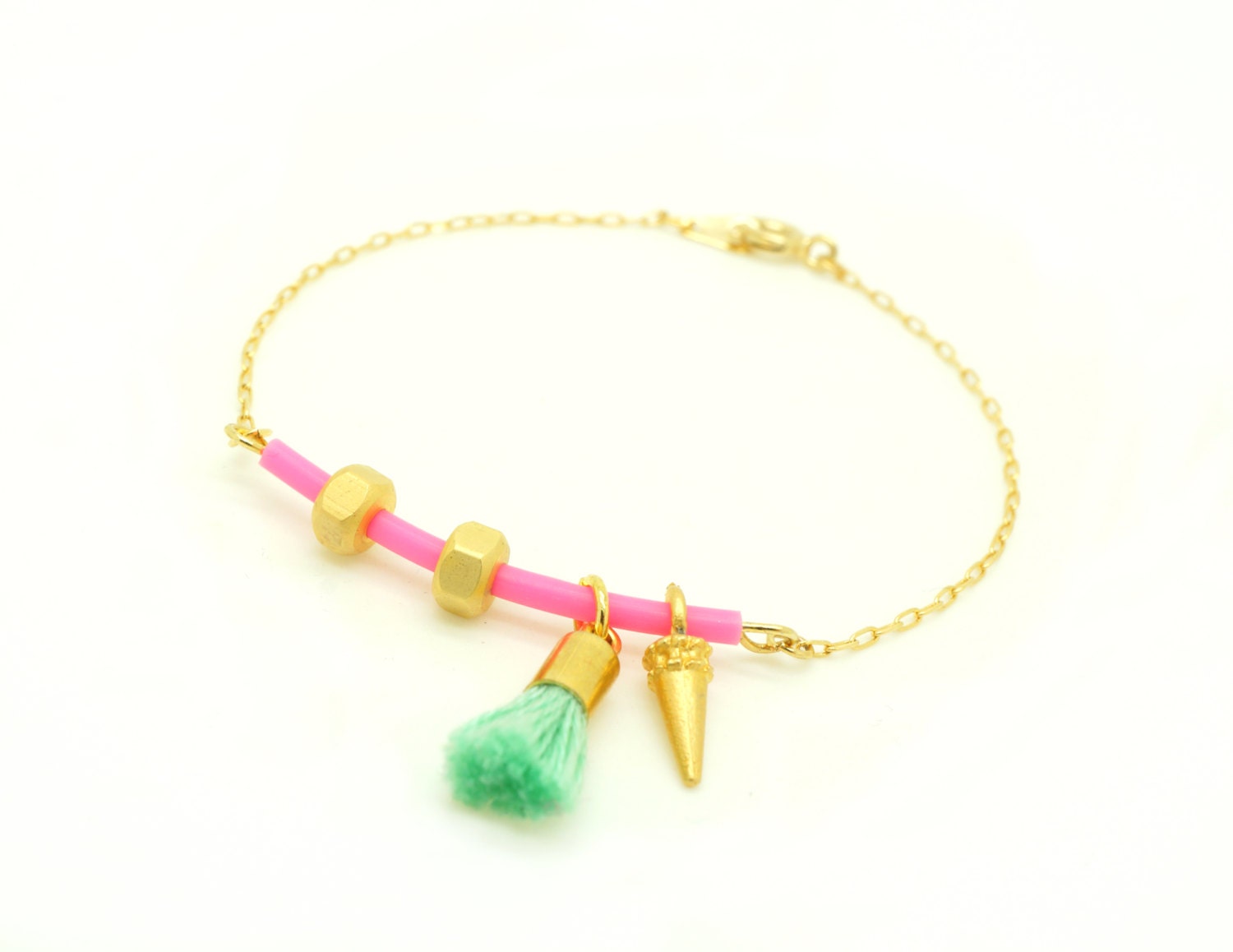 Neon Pink Mint Rubber Bar Bracelet with Tiny Gold Hex Nuts , Spike and Tassel - Geometric Bracelet - S/S 2013 TREND
