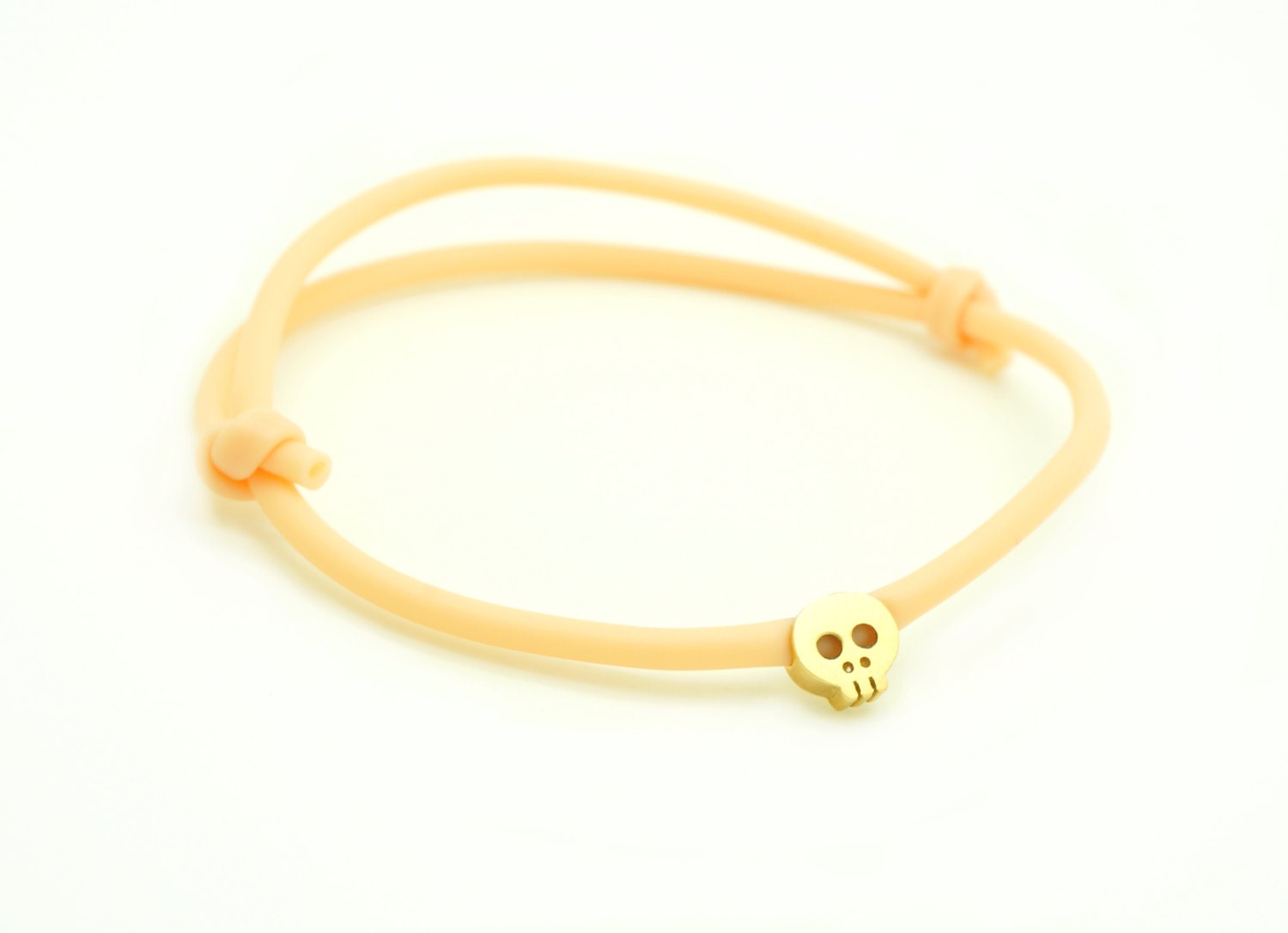 Coral Peach Skull Bracelet - Rubber Bracelet W/ Tiny 14k Gold Plated Skull Charm
