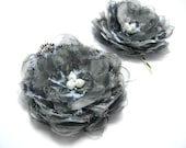 Grey flower bridesmaid hair accessories, Grey animal print fabric flower bobby pins