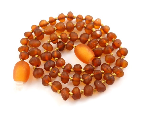 Baltic Amber Baby Teething Necklace -  rounded beads -  cognac unpolished