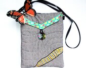 Handmade Cross Body iPad Case Pouch Quilted and Embroidered with Funky Monarch Caterpillar Stripe, Small Shoulder Bag Purse in Gray and Jade