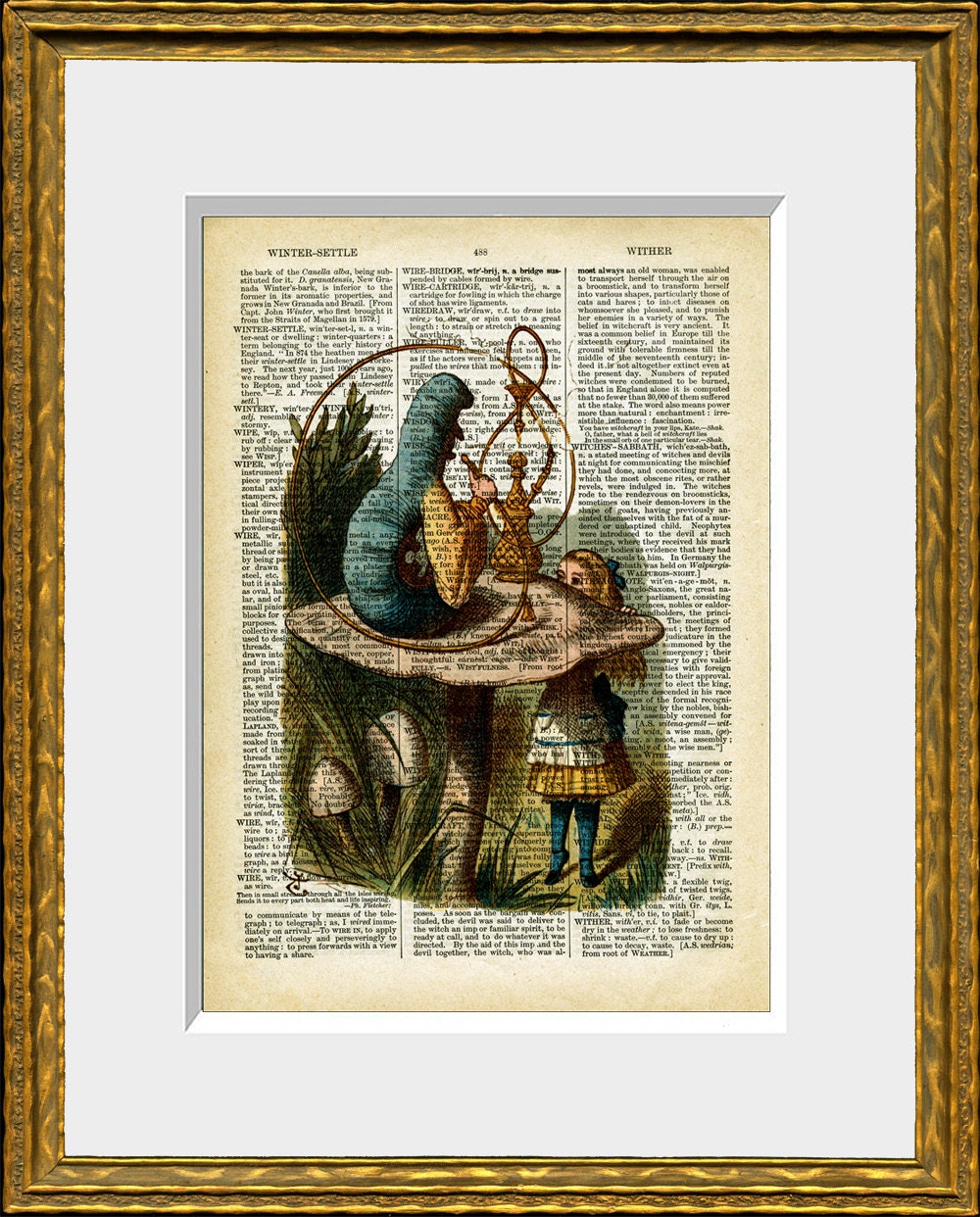 ALICE IN WONDERLAND 12 - recycled book page print - antique dictionary page with Alice and Hookah-Smoking Catterpillar - children's art