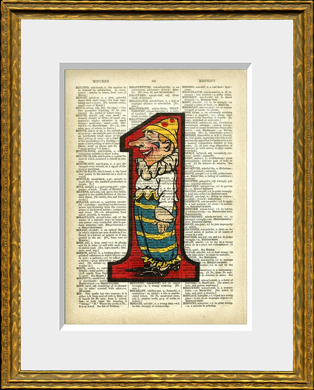 CIRCUS CLOWN NUMBER 1 - recycled book page print - upcycled antique dictionary page with a vintage clown number 1 - home decor, nursery art