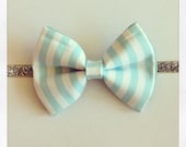 Baby bow-Nautical light blue and white striped bow headband