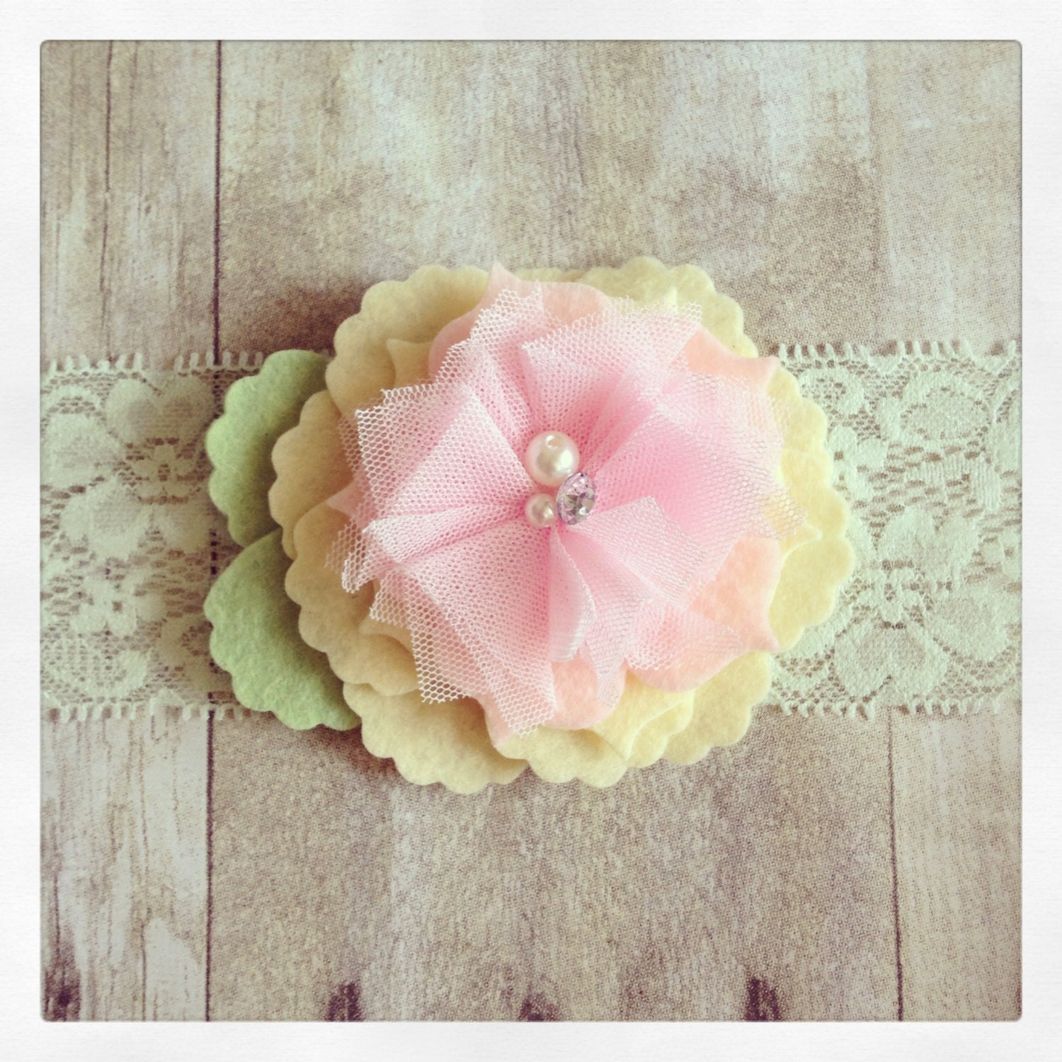 Sweet Pea wool felt flower lace  baby headband