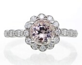 18K White Gold 7mm Round Morganite Vintage Design Scalloped Diamond Halo Style Engagement Anniversary Ring