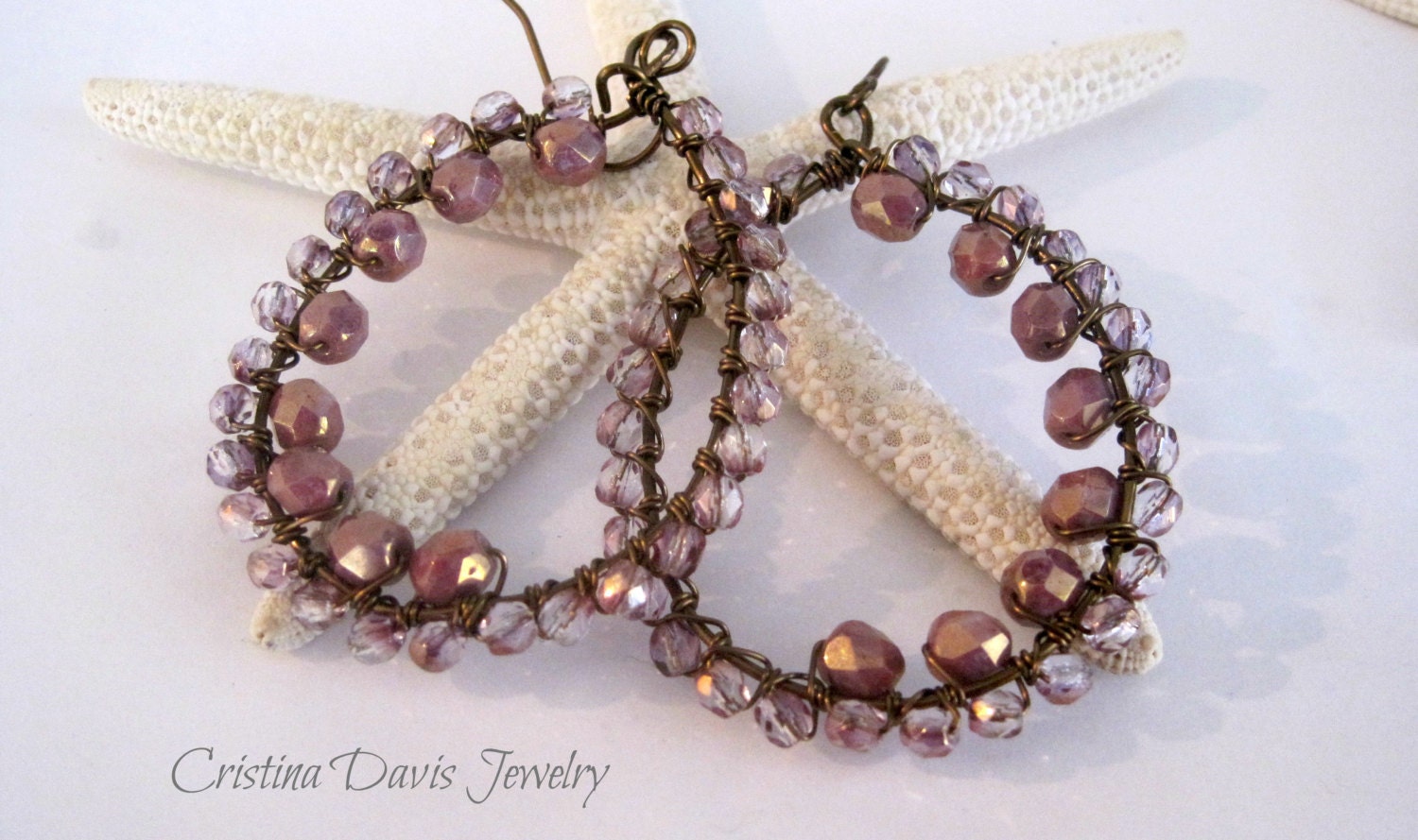 Beaded Wire Wrapped Earrings, Gypsy Bohemian Purple Luster, Vintage Bronze, Dangle Earrings
