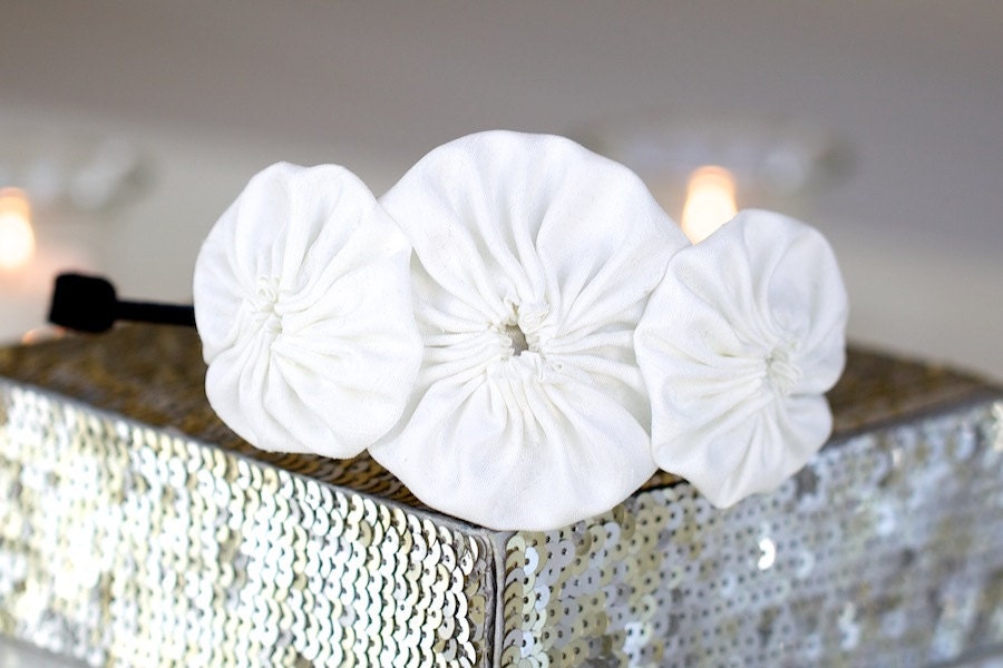 Adult Headband - Rosette Headband, Ivory Shantung Silk Trio Rosette Headband For Women and Girls