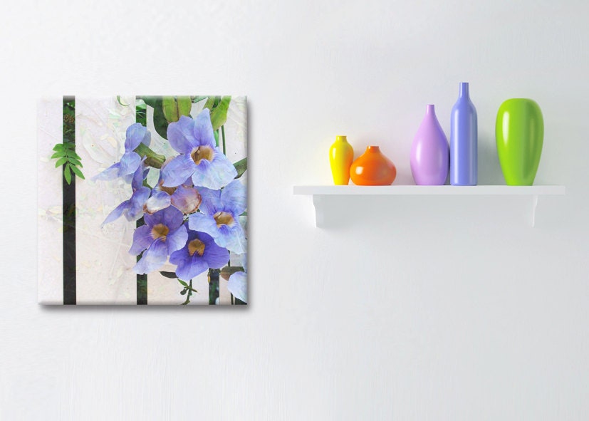Purple flowers on a white fence,  canvas art, 12"x12", free shipping