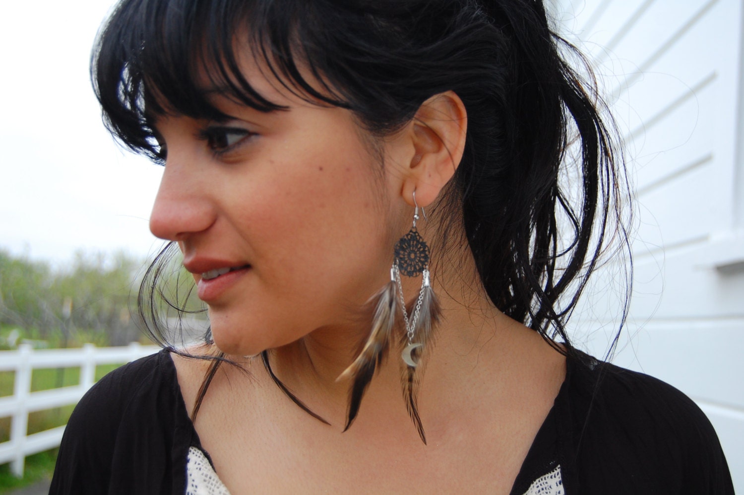 Night Sky Crescent Moon Feather Earrings