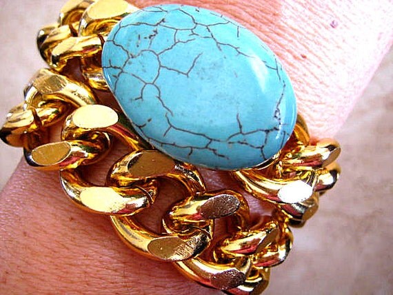 Chic Double Wrap 18K Plated Gold Chunky Chain Stacking Bracelet or Necklace with Oval Turquoise..