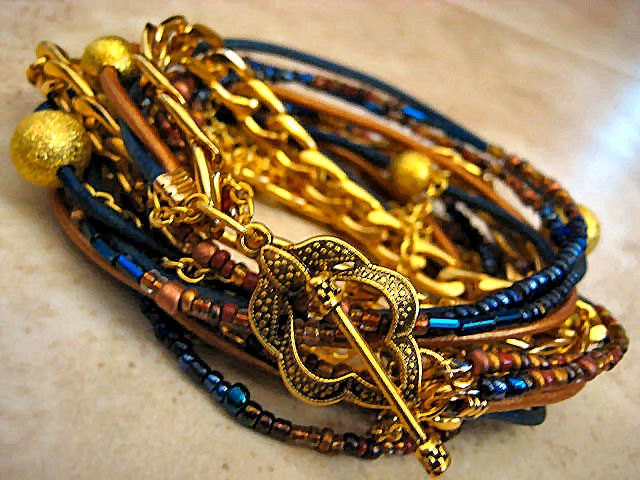 Boho Chic Endless Leather Wrap Beaded Bracelet with Chunky Gold Chain Accents...Polo Club..
