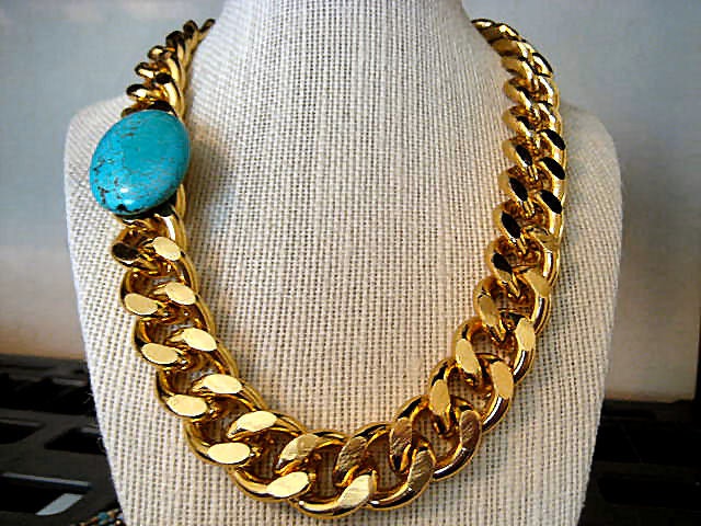 Chic Double Wrap 18K Plated Gold Chunky Chain Stacking Bracelet or Necklace with Oval Turquoise..
