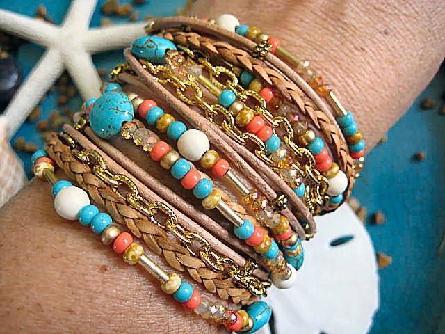 Boho Chic Endless Leather, Crystals, Quartz, and Chain 3x Wrap Beaded Bracelet...South West Elegance