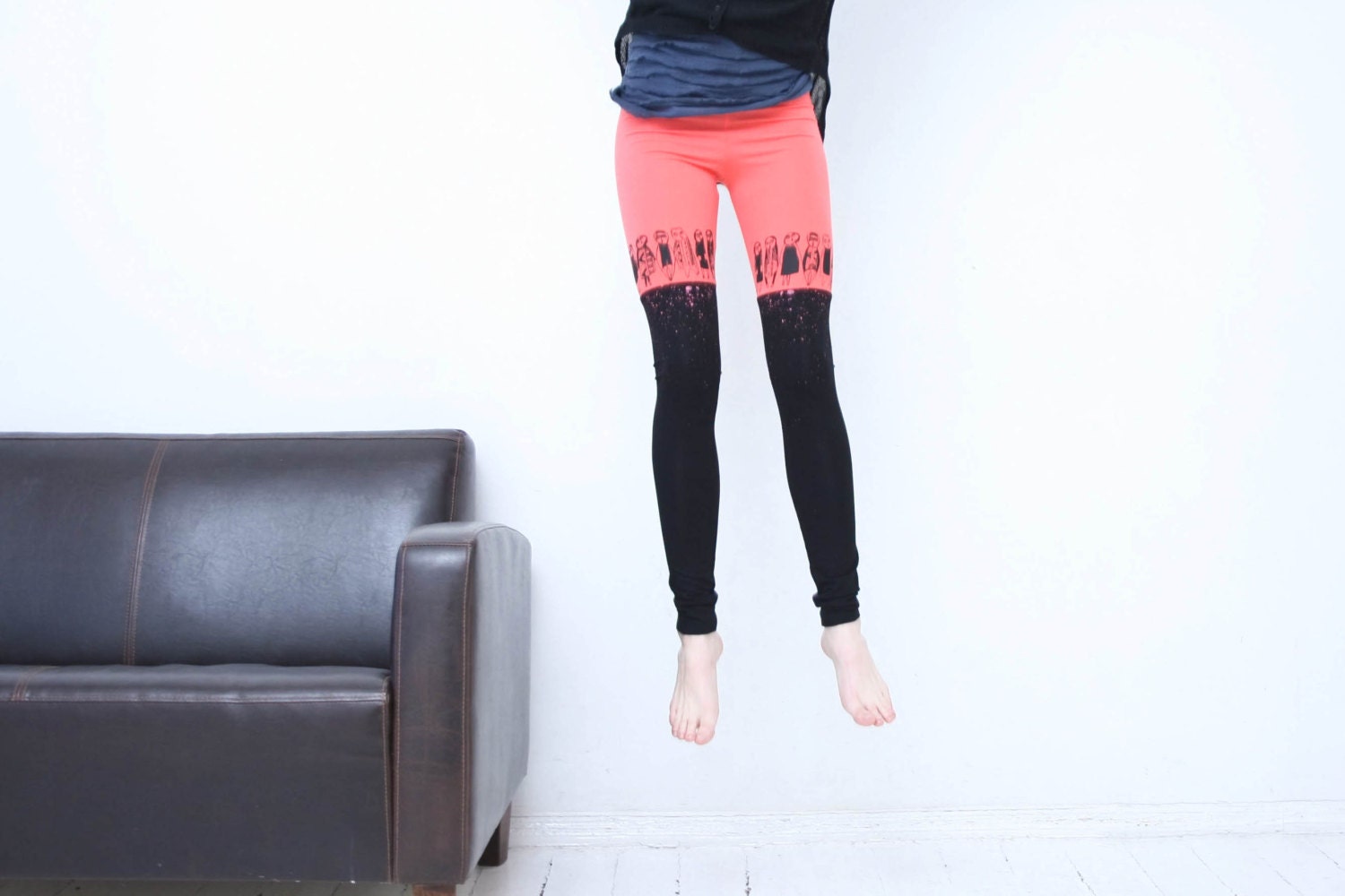 Coral and black color block leggings