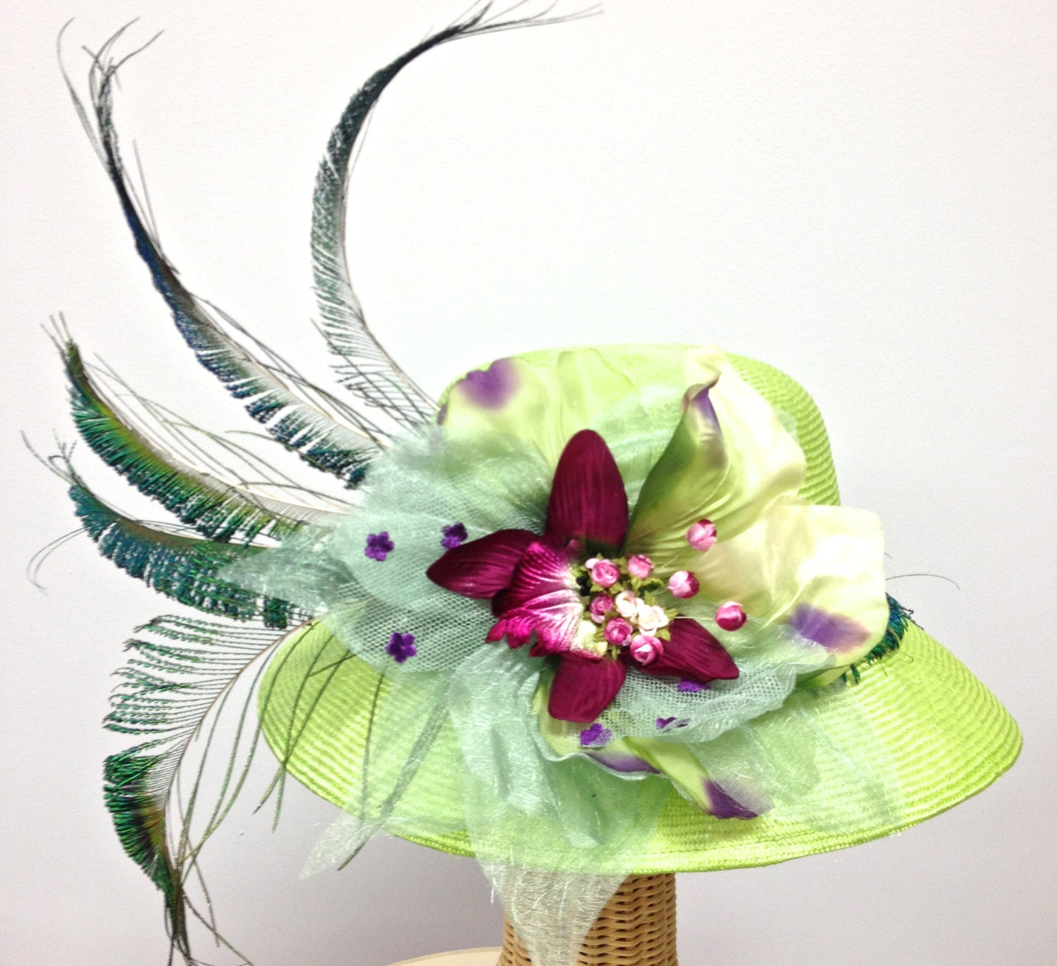 Lime Green Parasisal Straw Women Hat, Large Brim,  Feather Mount, Kentucky Derby, Church, Garden Part, Wedding