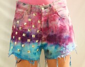 TECHNO WASH LEVIS vintage levi 513 denim distressed shorts studded upcycled blue purple pink fluro dye frayed festival cut off