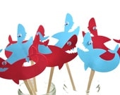 Shark Cupcake Toppers Qty 12 Aqua Blue and Red