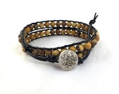 Black leather wrap bracelet with picture jasper ,beaded leather double wrap bracelet, boho chic ,beadwork
