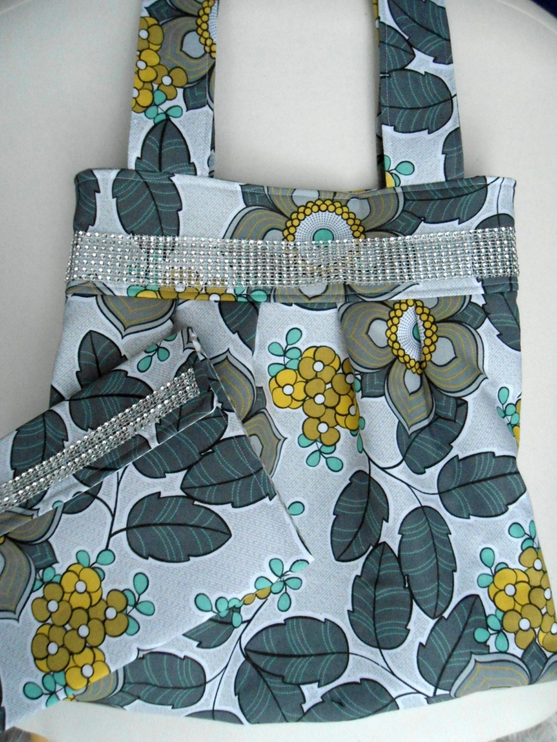 Pleated Tote Bag Bling Large Modern, Diaper Bag Grey & Yellow with Pouch, Overnight Bag, Laptop Bag, Clutch, Purse, Cell Phone/iPhone  Pouch